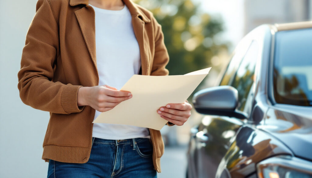 Persona revisando documentos junto a un carro al aire libre. Enfoque en las manos sosteniendo papeles.