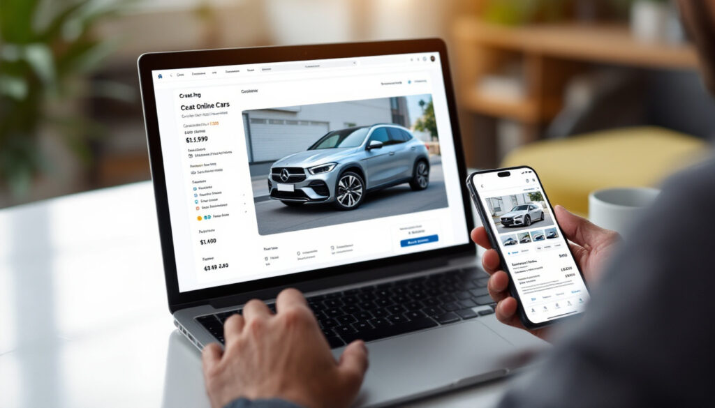 Persona comprando auto en línea desde laptop y smartphone, comparando modelos y precios.